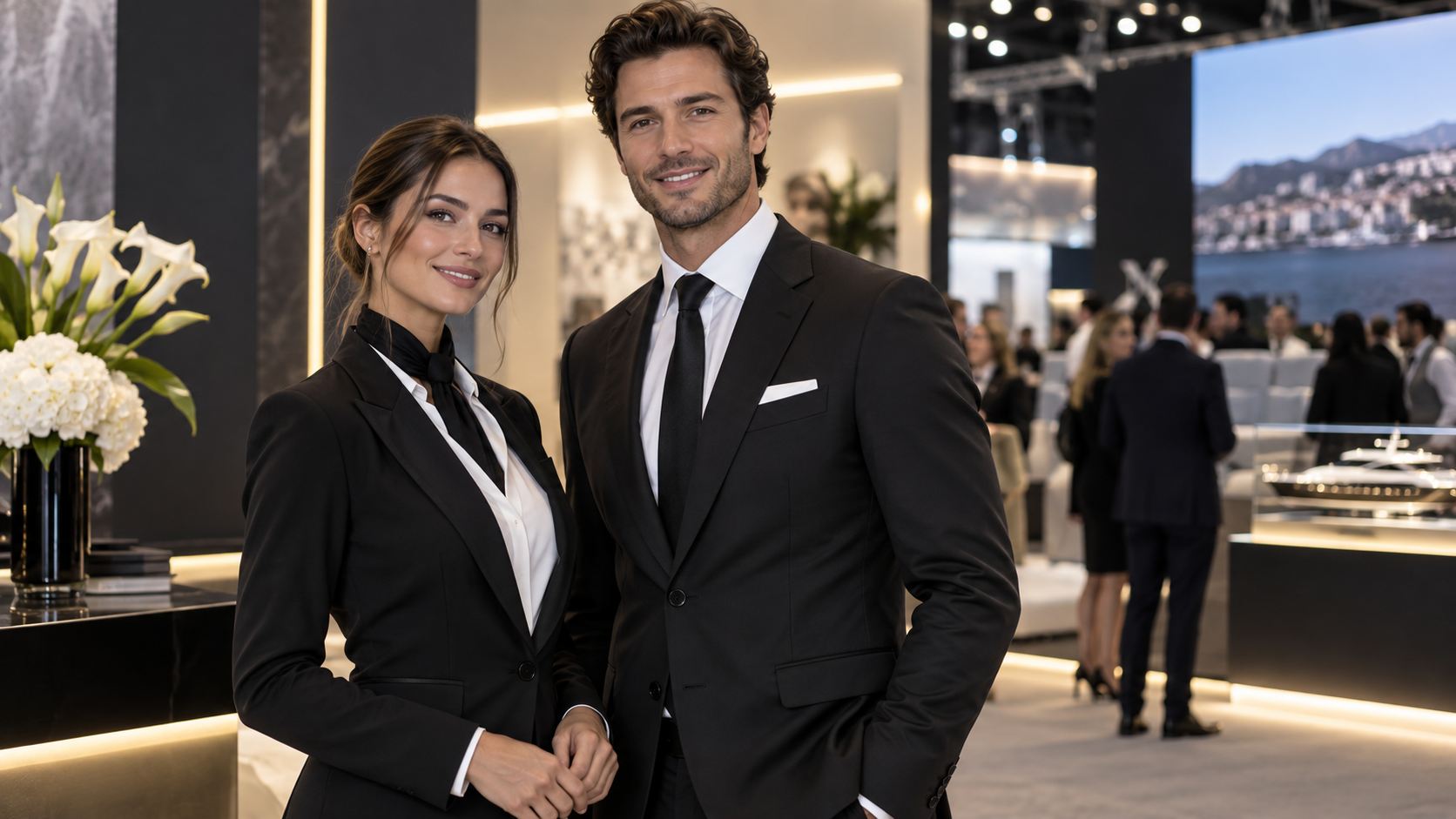 Hôte et hôtesse d'accueil en tenue élégante sur un salon professionnel haut de gamme